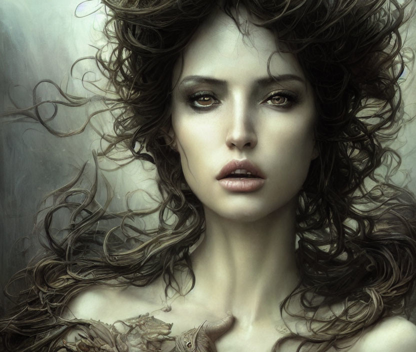 Woman with expressive eyes and voluminous curly hair in digital art.