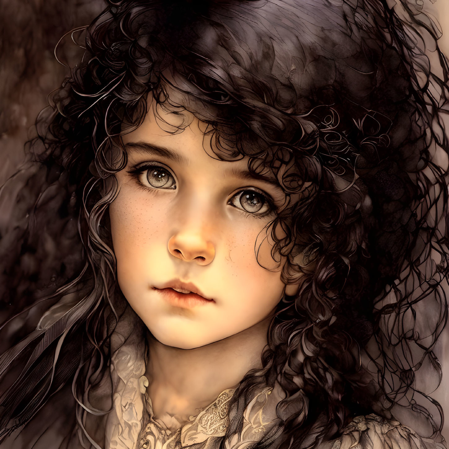 Sepia-toned digital painting of a young girl with curly hair and expressive gaze