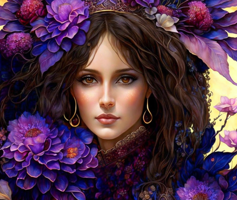 Portrait of a Woman with Brown Hair and Purple Flowers