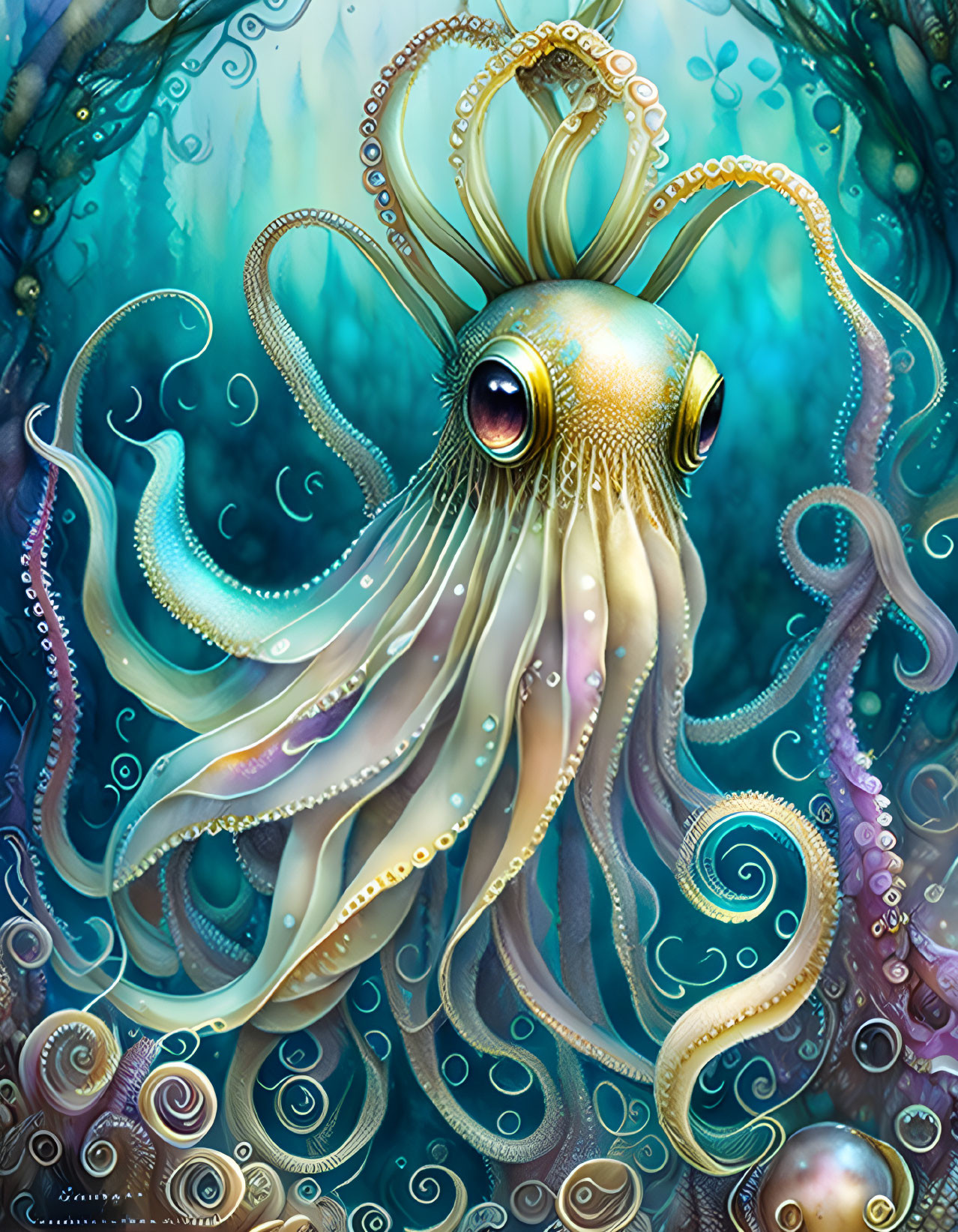 Vibrant whimsical octopus illustration in underwater scene