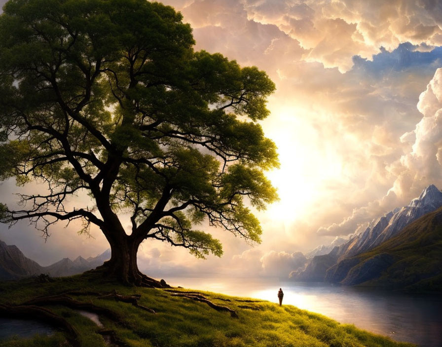 Serene landscape with figure under tree by lake at sunrise or sunset