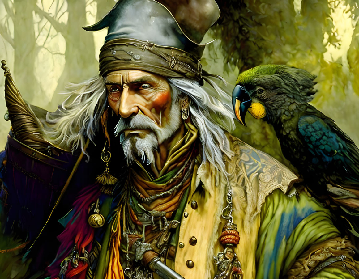 Detailed illustration of old pirate with parrot, bandana, eye patch, and forest backdrop