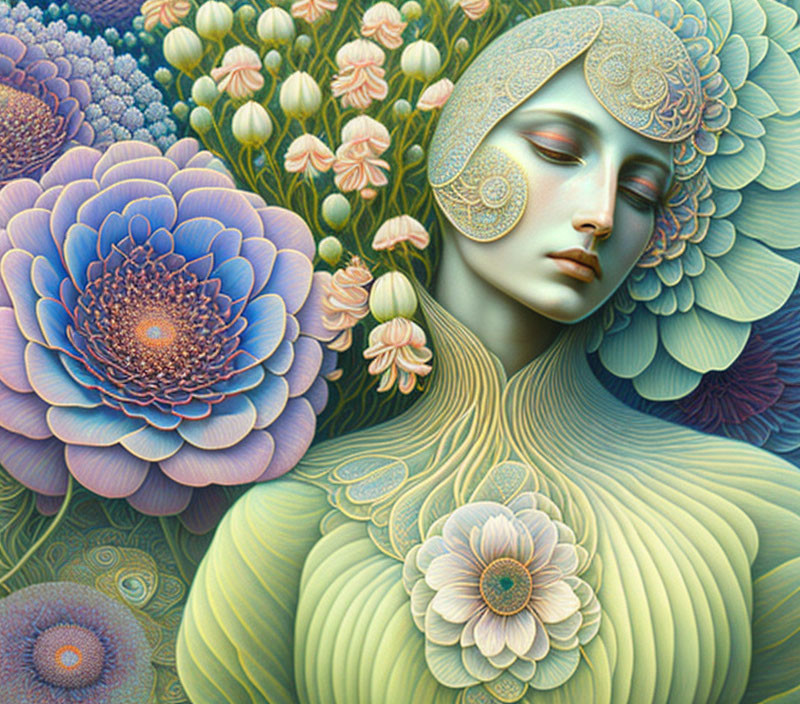 Serene female figure with floral patterns in shades of blue and green