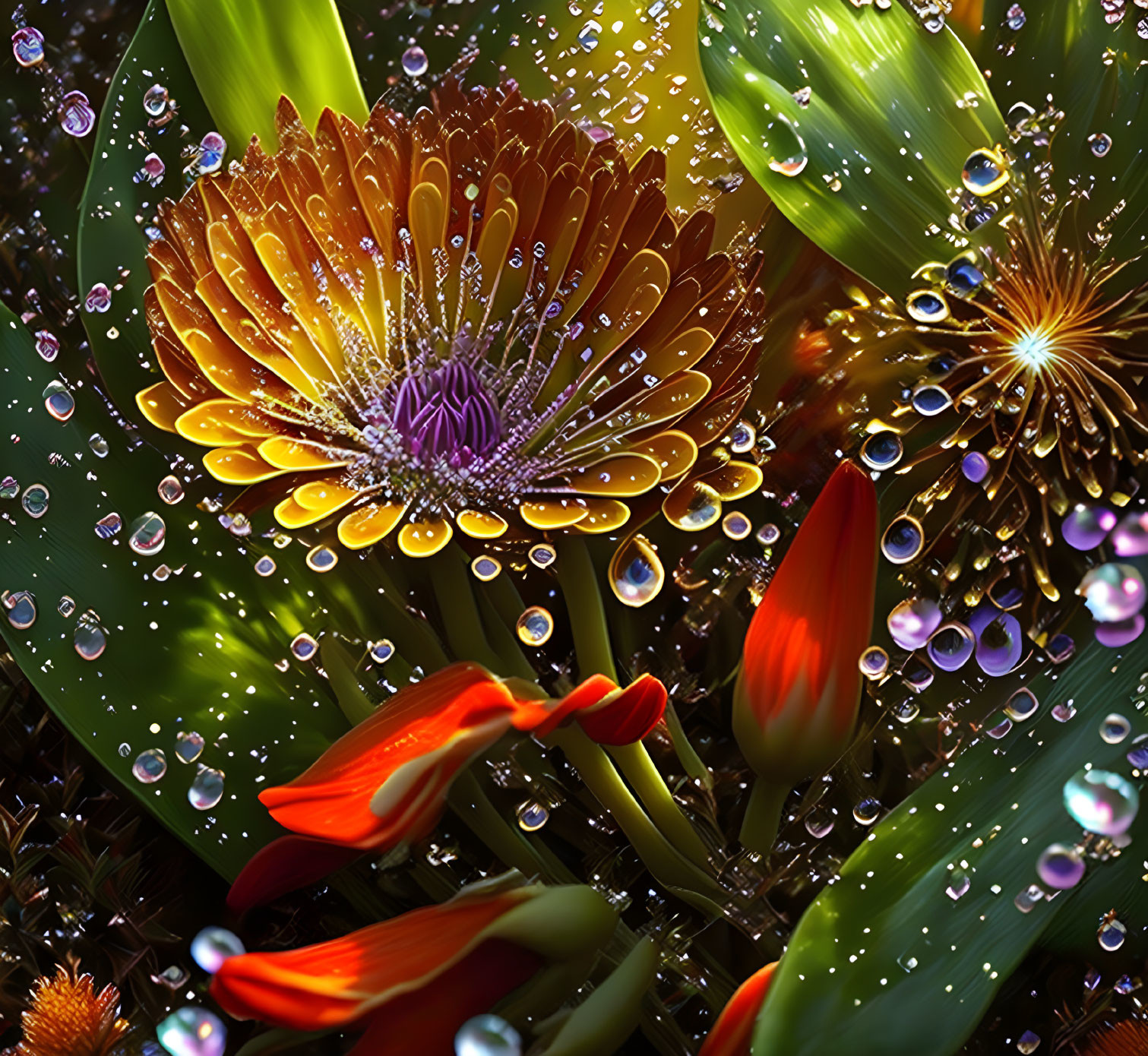 Colorful digital artwork of orange flower with purple center, surrounded by greenery and water droplets