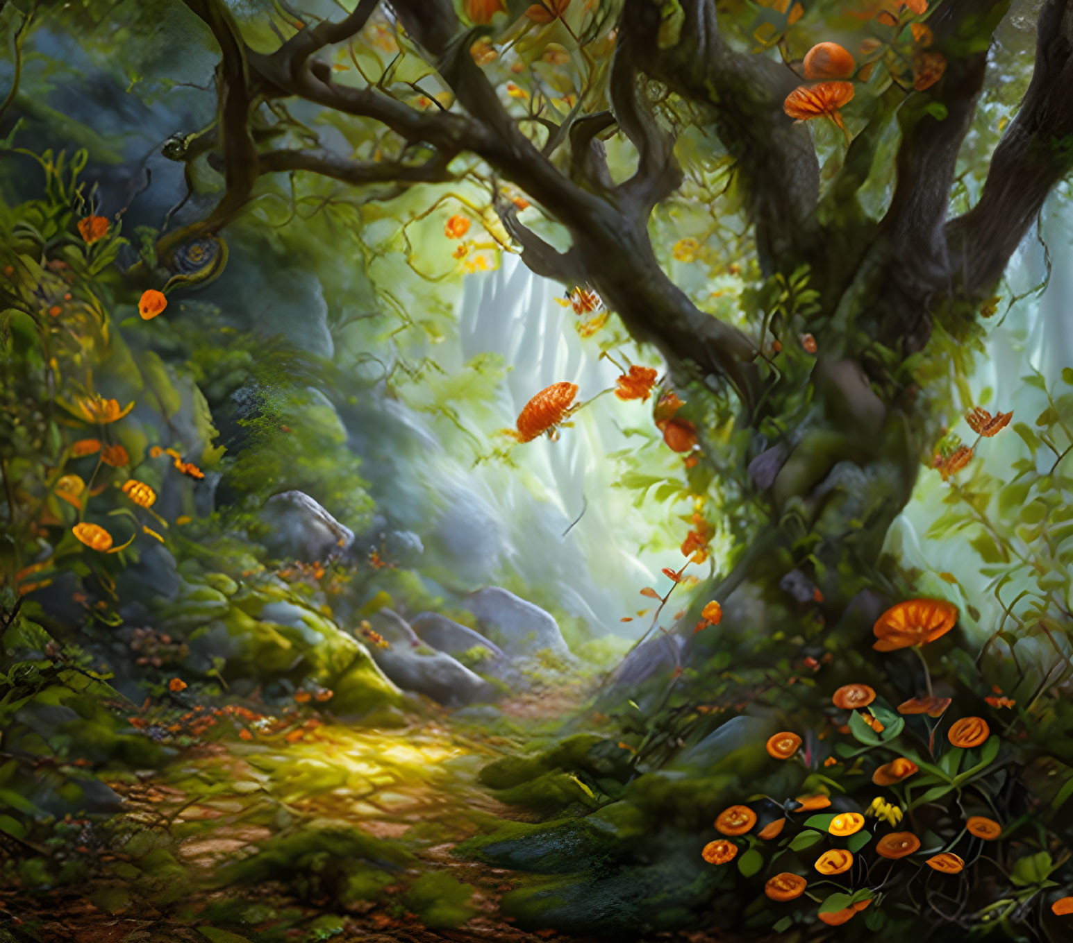 Mystical forest scene with orange flowers, twisted trees, waterfall, and sunlight path