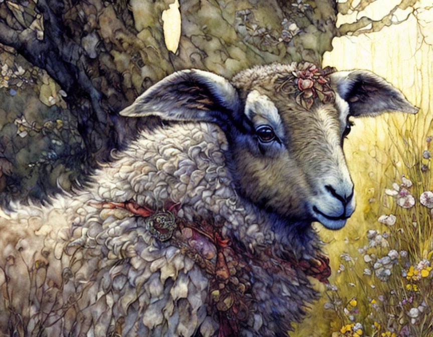 Detailed sheep illustration with textured wool coat and red collar in vibrant nature setting