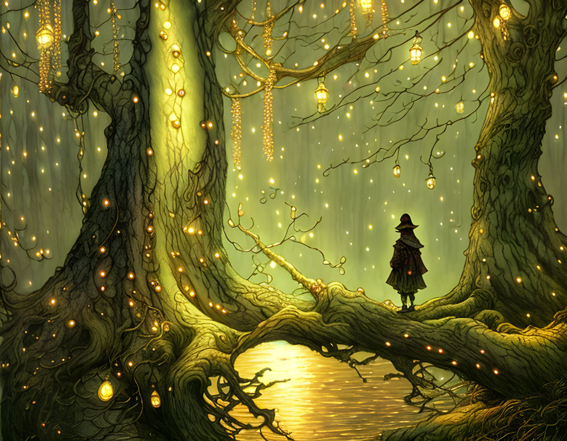 Enchanted forest scene with glowing lanterns, figure by reflective water, and light beams.