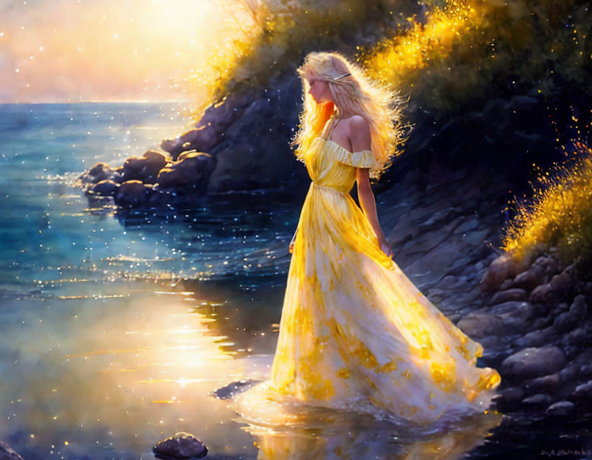 Woman in Flowing Yellow Dress by Seaside: Dreamy and Ethereal Scene