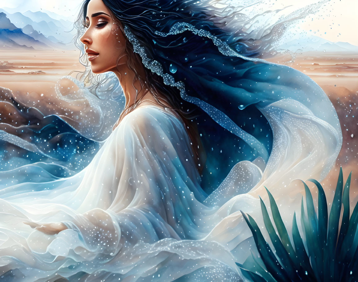 Digital Illustration: Woman with Blue Hair in Water Environment