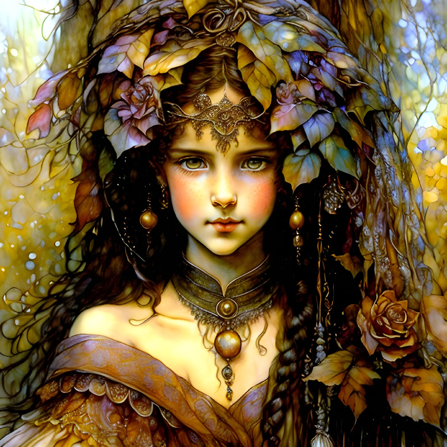 Young woman with intricate jewelry and golden leaves in ethereal setting