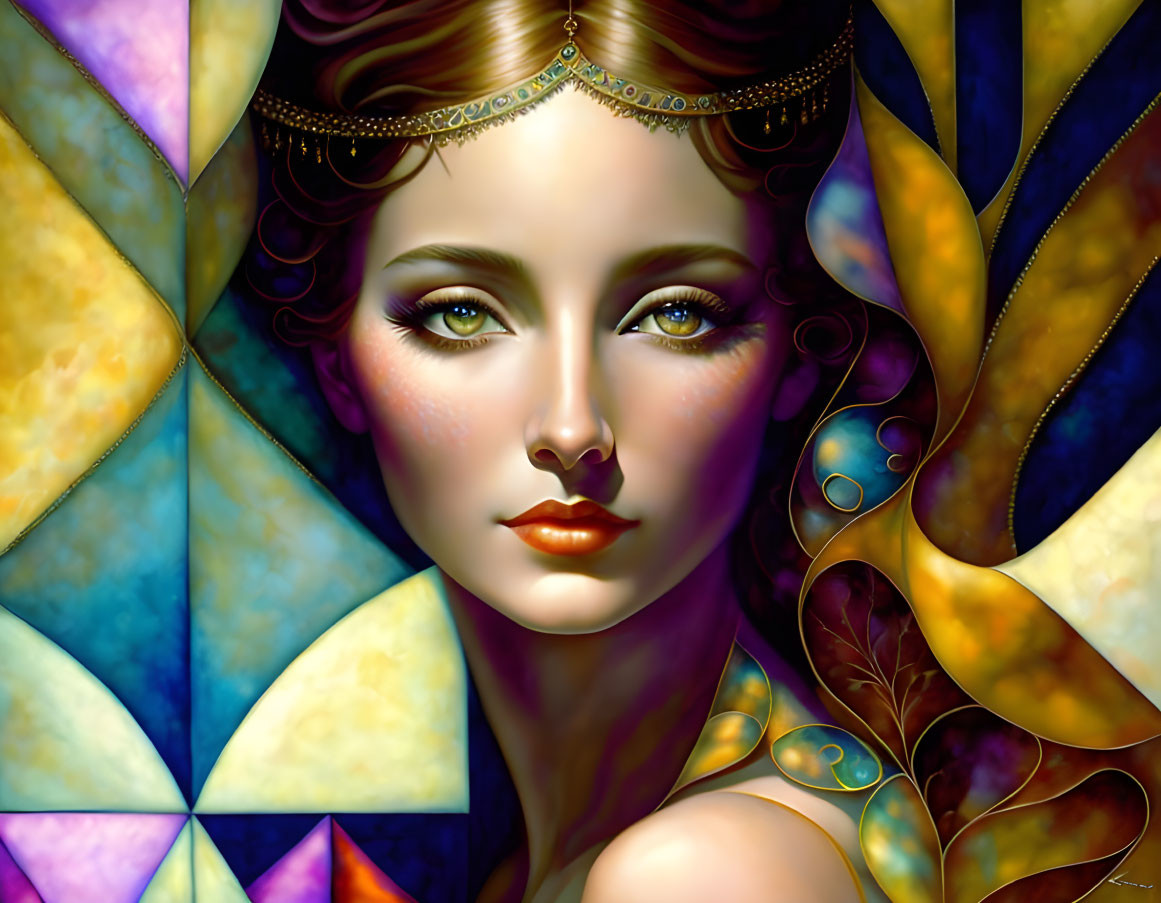 Fantasy Woman with Sparkling Green Eyes and Gold Tiara in Colorful Mosaic