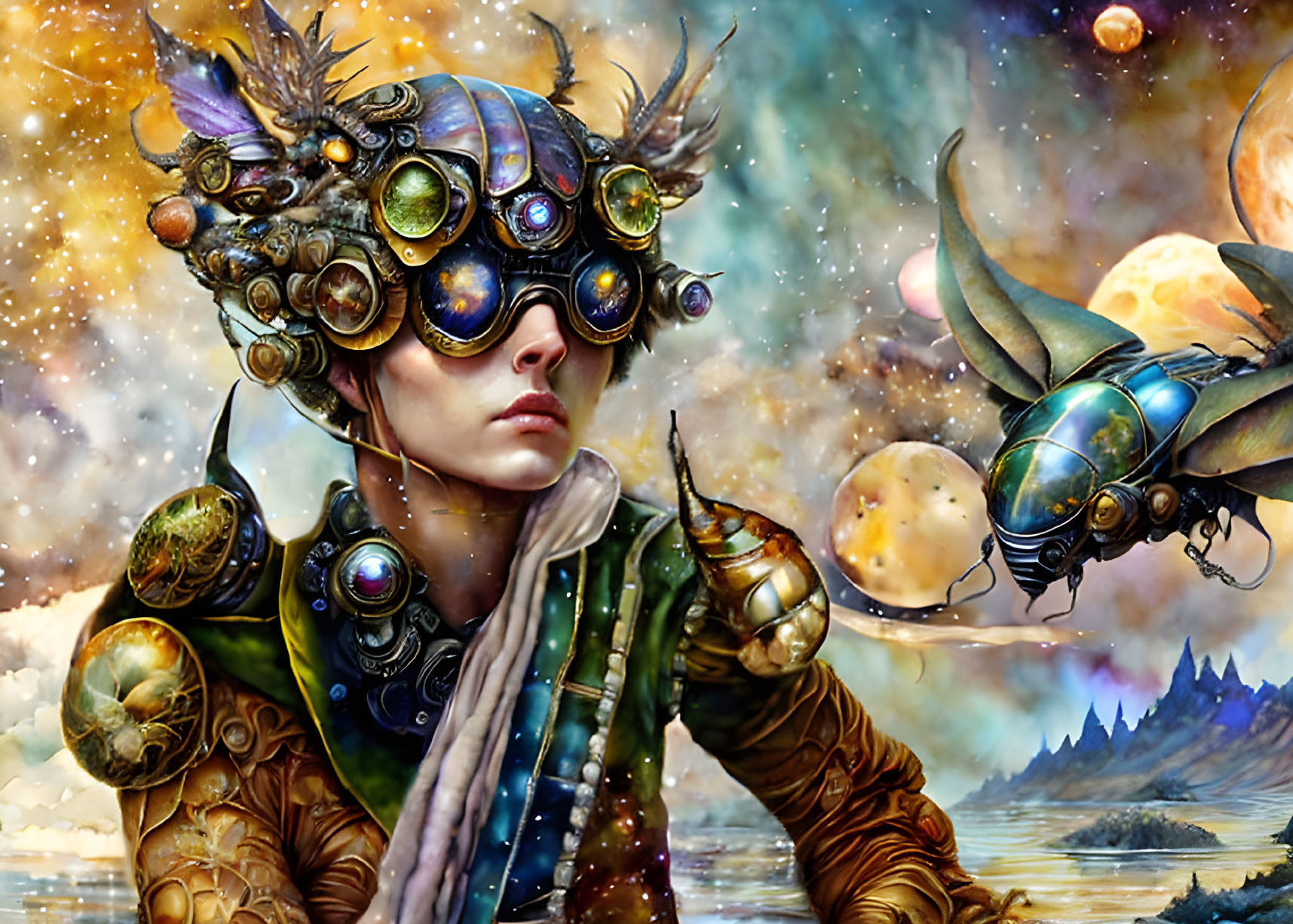 Steampunk character with multispectral goggles, planets, cosmic dust, mechanical insect, starry sky