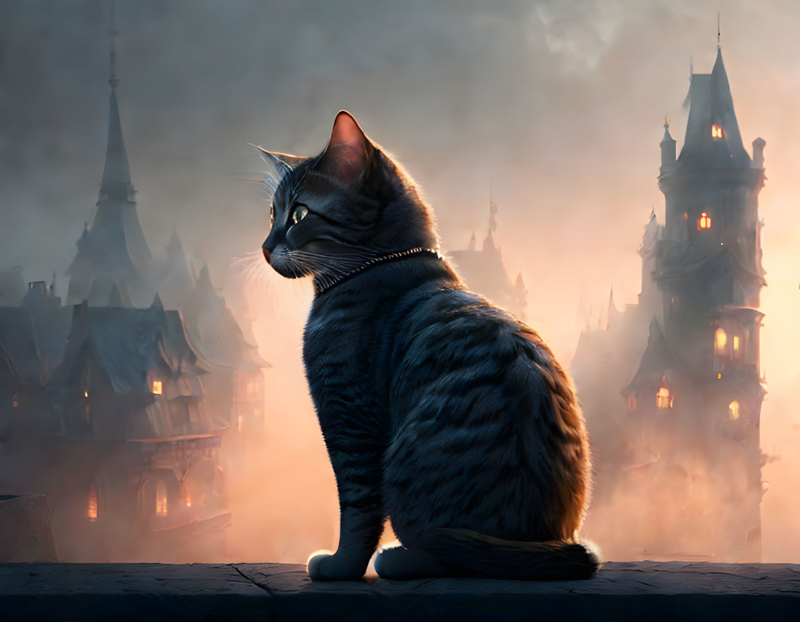 Cat observing misty fairytale castle at twilight