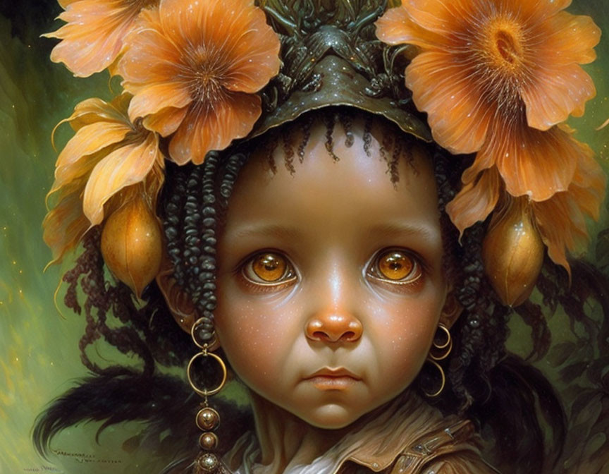 Portrait of a Child with Brown Eyes and Floral Headdress