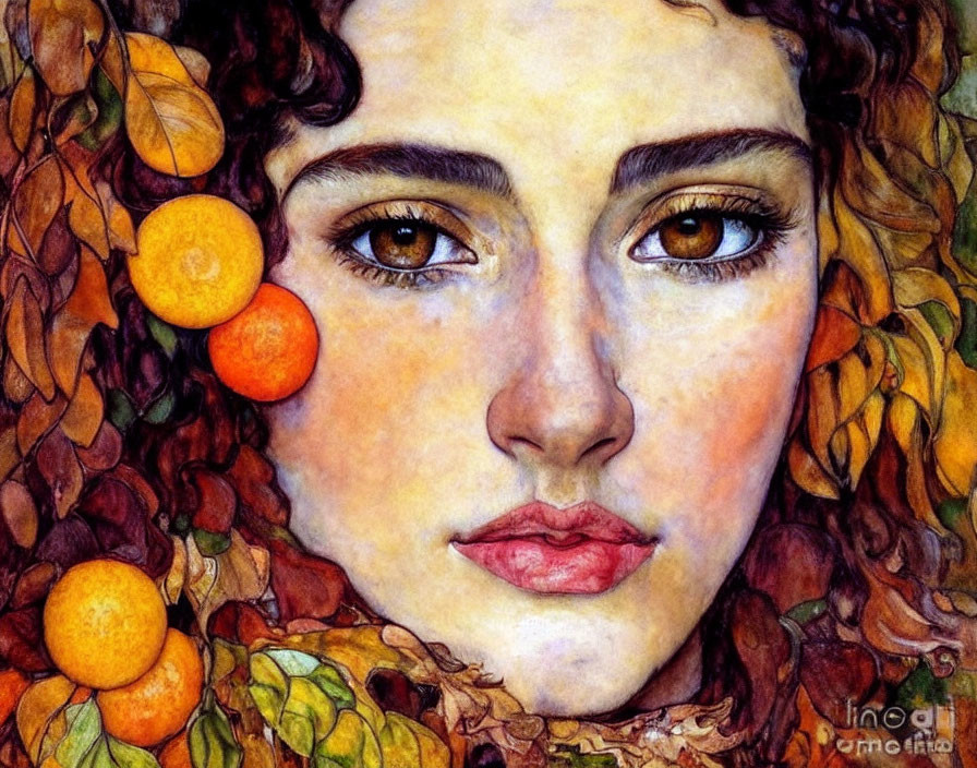 Woman portrait with autumn leaves and oranges in curly hair