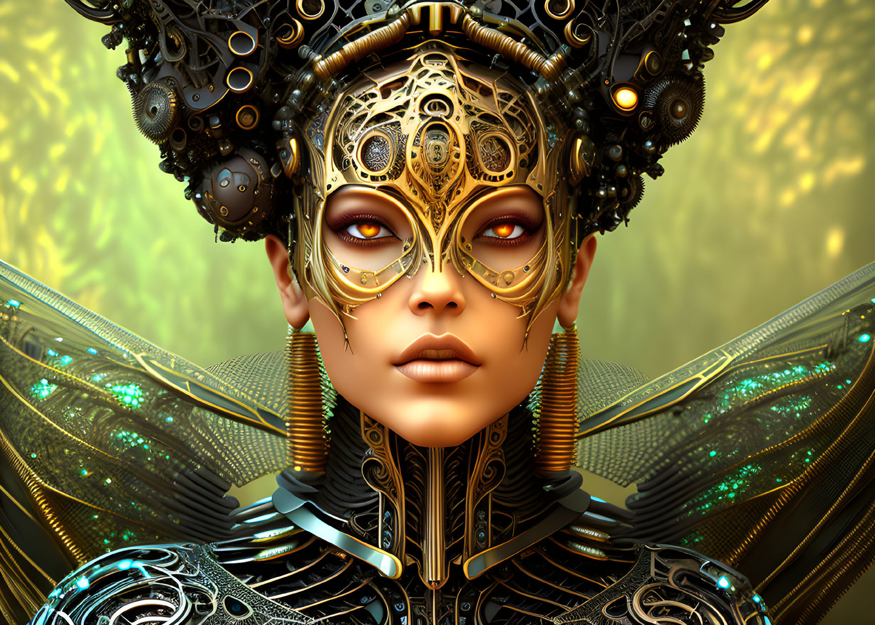 Detailed digital artwork: Woman with golden mask, mechanized wings, futuristic attire, against golden backdrop