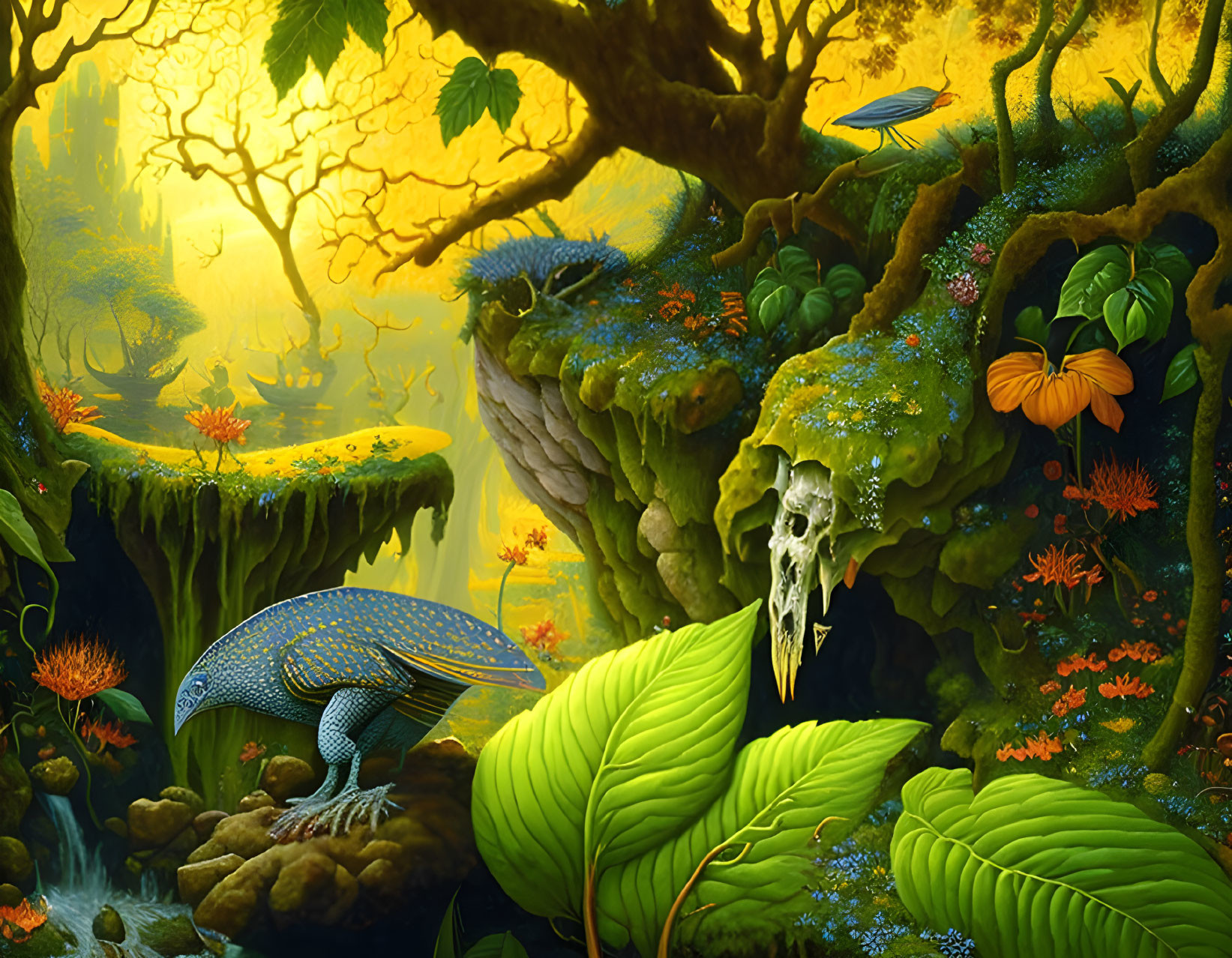 Fantasy forest scene with blue bird, green leaves, flowers, dragonflies, and mystical skull