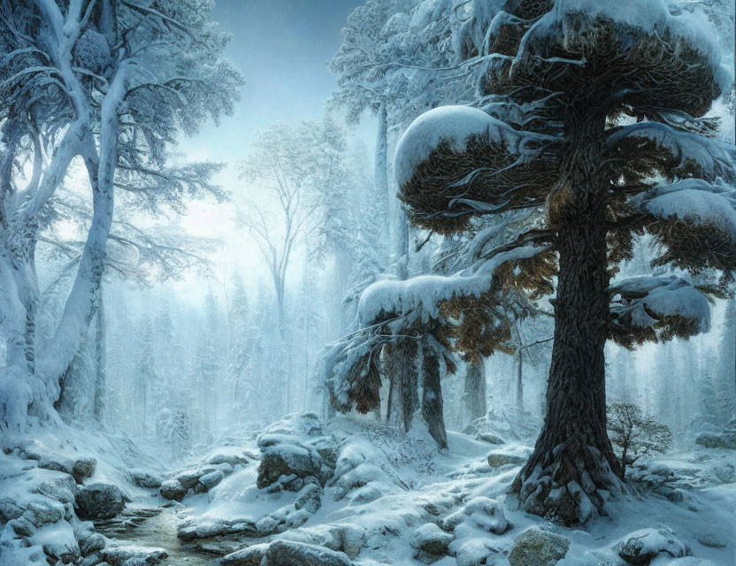 Winter forest scene with misty atmosphere and snow-covered coniferous trees.