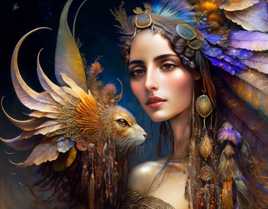 Fantasy Artwork: Woman and Mythical Bird with Colorful Feathers and Golden Jewelry