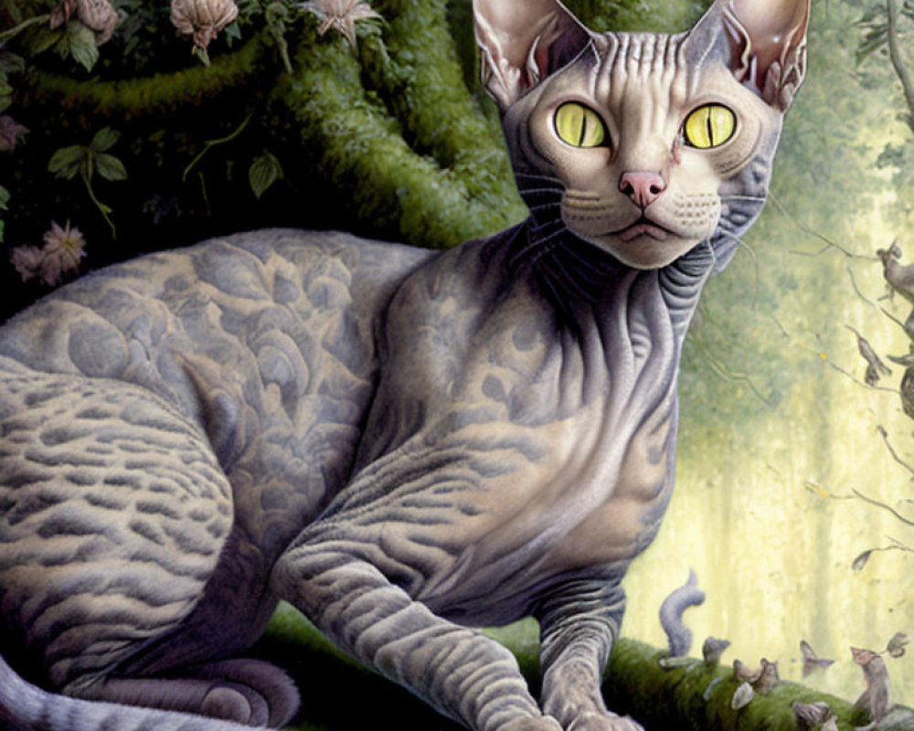Fantastical cat with yellow eyes in lush forest