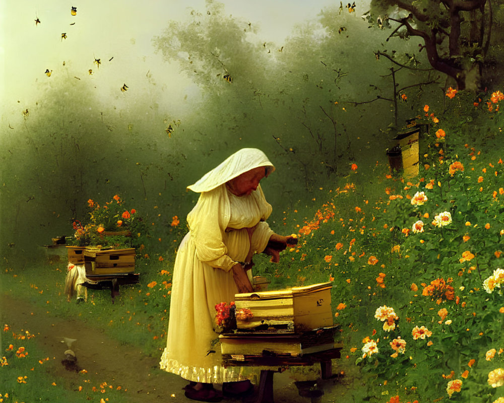 Woman tending bee hives in vintage attire surrounded by blooming flowers and bees in misty garden