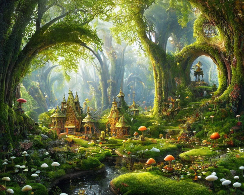 Whimsical Mushroom Houses in Enchanted Forest Setting