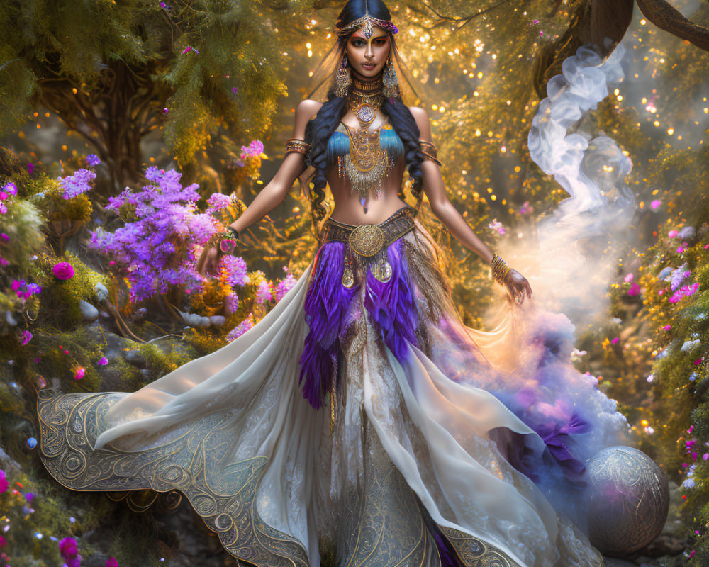 Fantasy female character in ornate jewelry and elegant attire amid vibrant flora with mystical smoke.