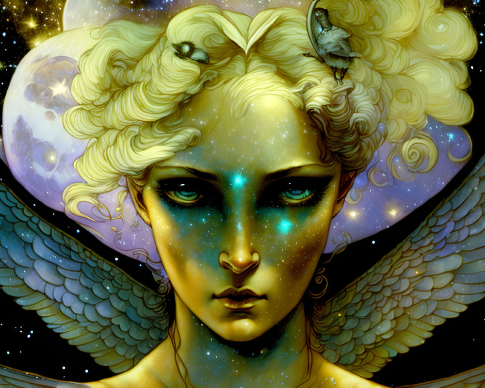 Illustrated character with golden wings and star-speckled blue skin in cosmic setting