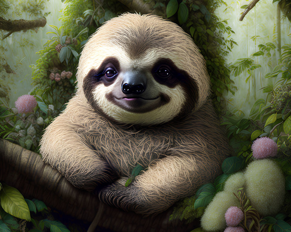 Smiling sloth on tree branch in lush forest with green foliage