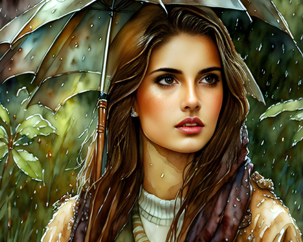 Digital artwork: Woman with long hair holding umbrella in rain, surrounded by green foliage.