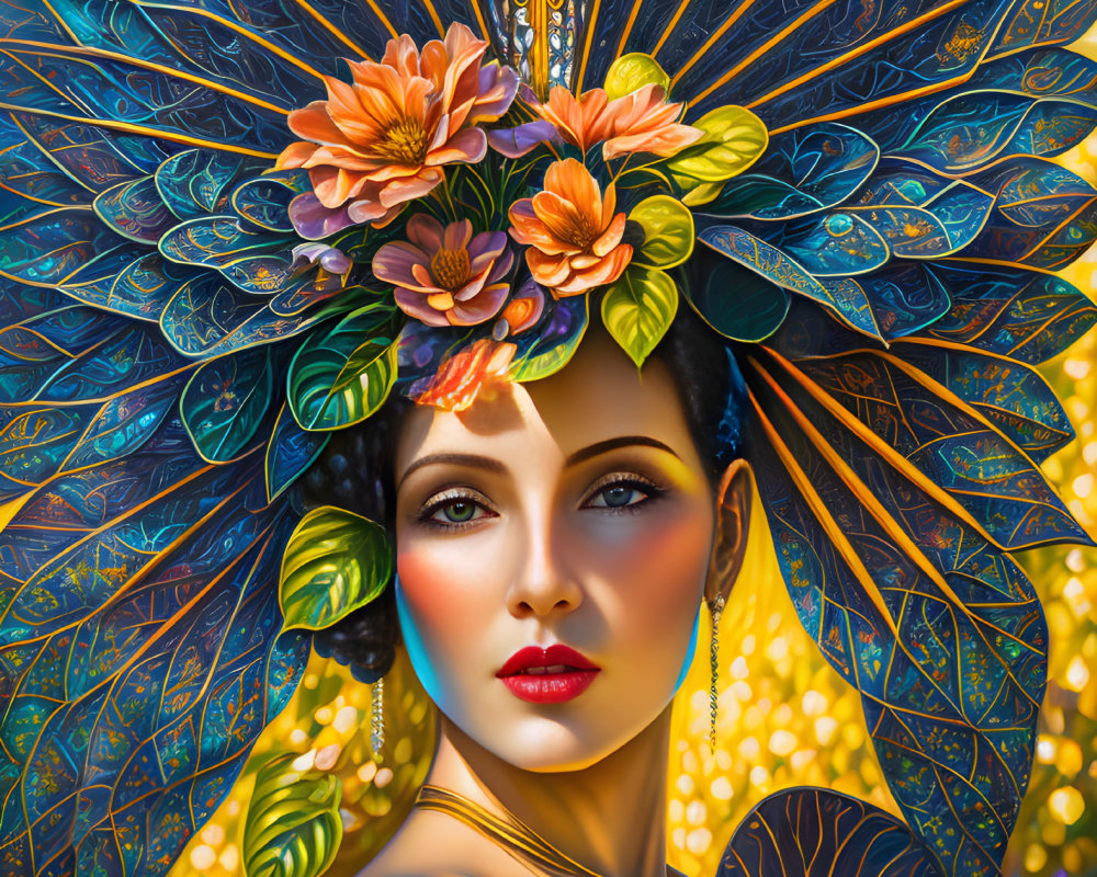 Colorful digital artwork of woman with ornate headdress resembling peacock feathers.