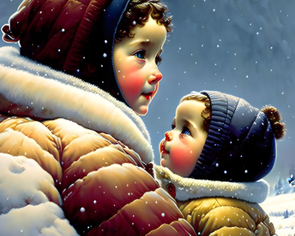 Children in winter clothes staring in snowy scene