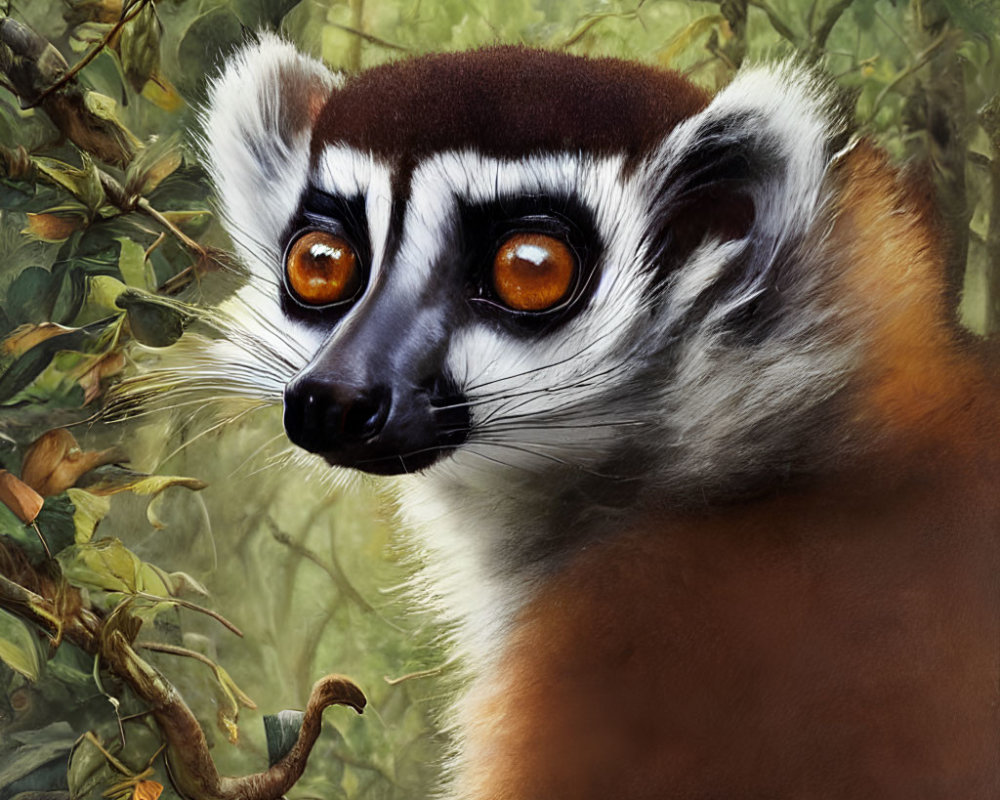 Lemur with Orange Eyes and Brown/White Fur in Forest Setting