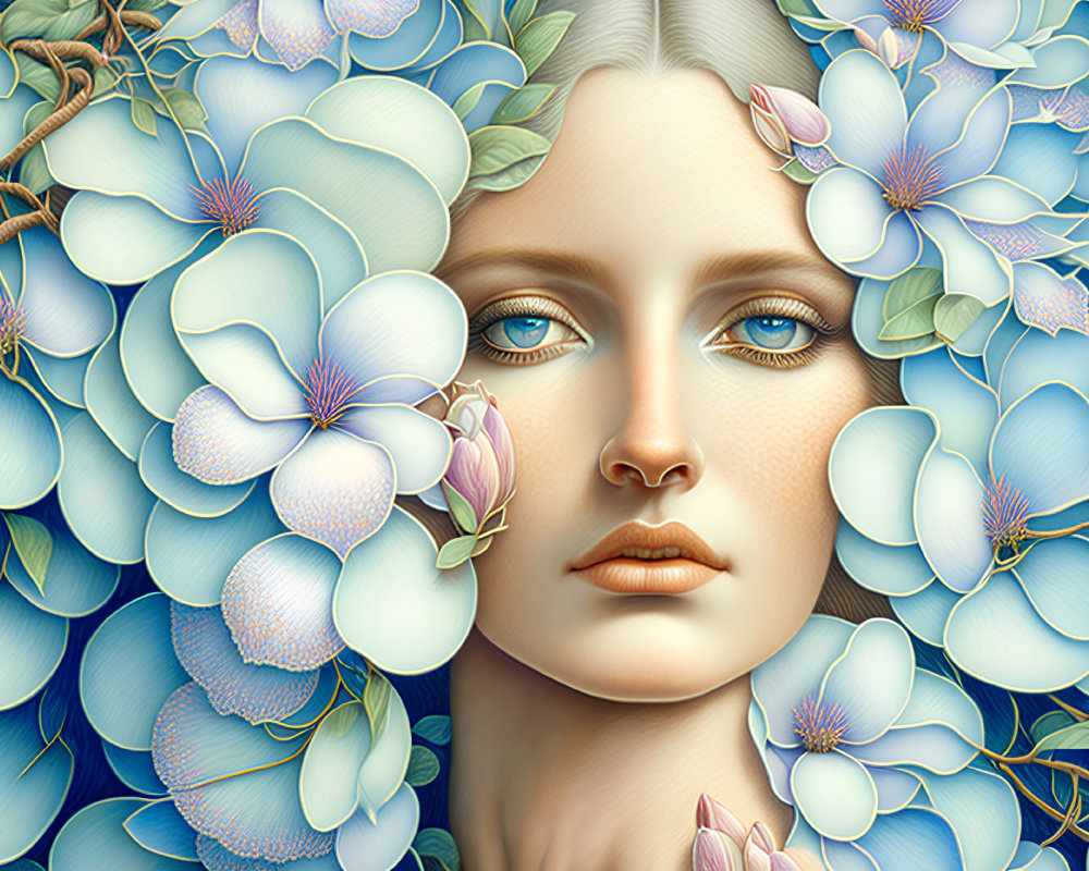 Surreal illustration: Woman's face in vibrant blue flower sea