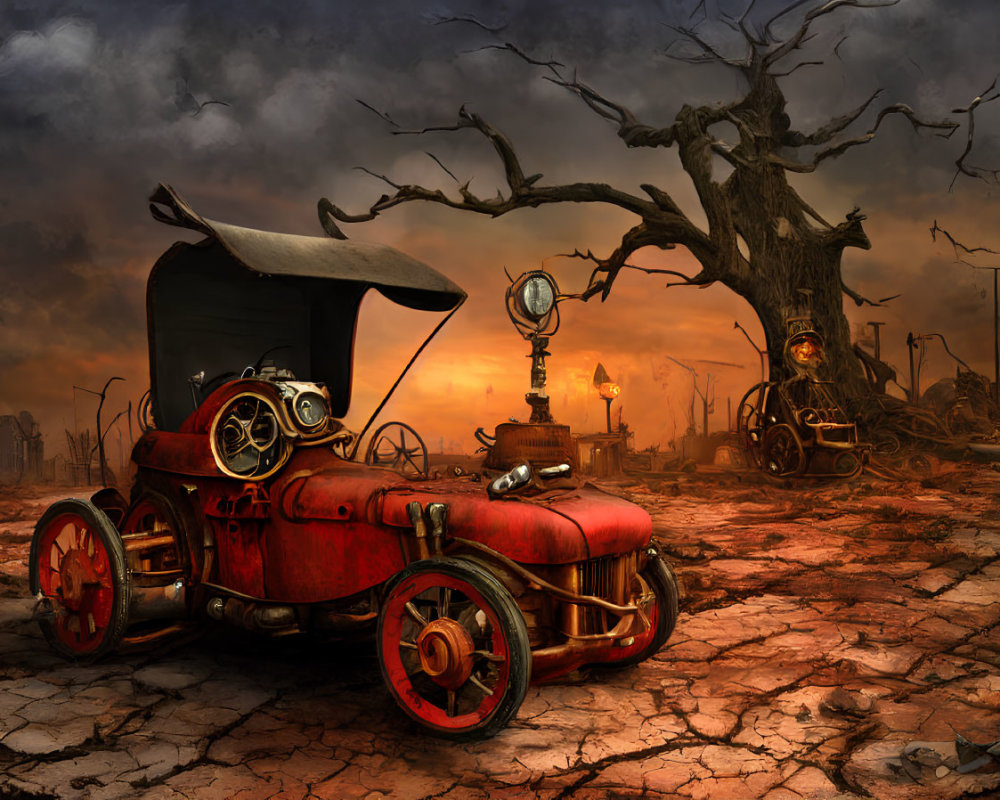 Dystopian digital artwork: cracked ground, fiery sky, steampunk vehicles