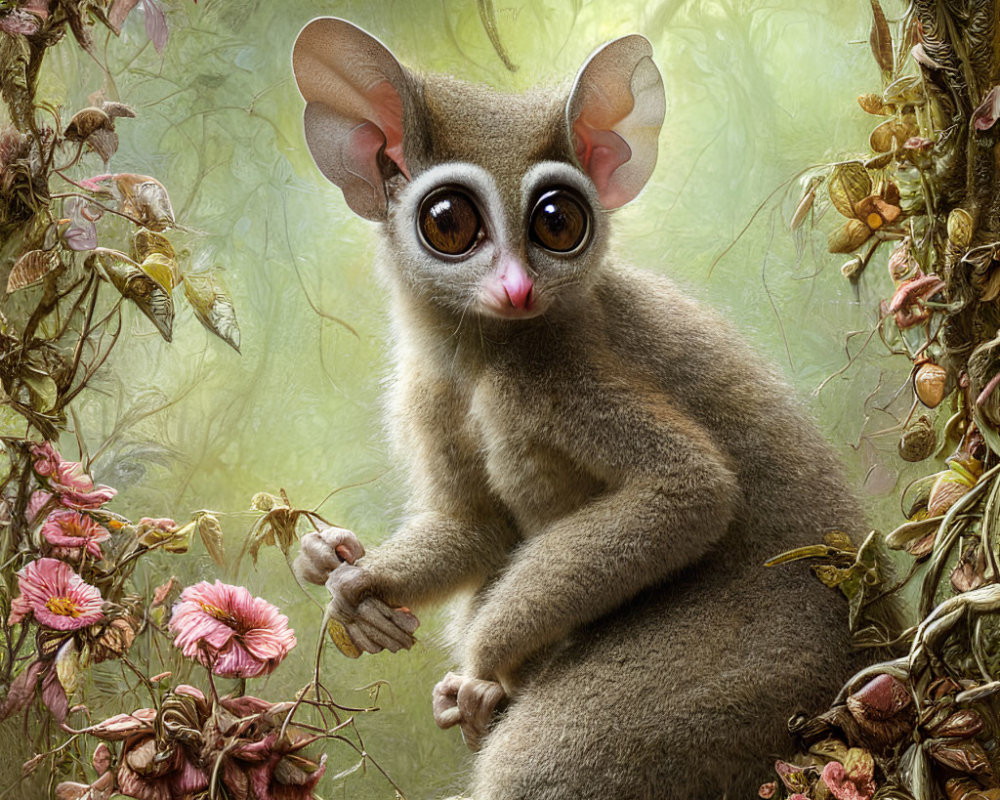 Illustration of bushbaby in lush greenery with oversized eyes