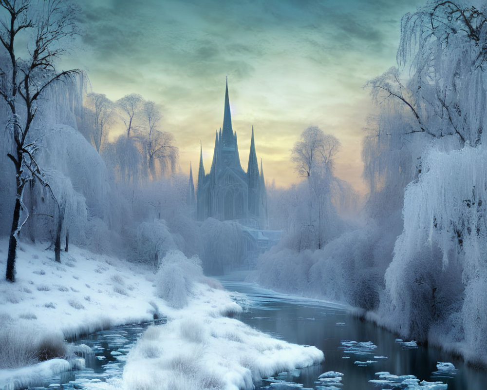 Frozen River, Snow-Covered Trees, and Gothic Cathedral in Winter Scene