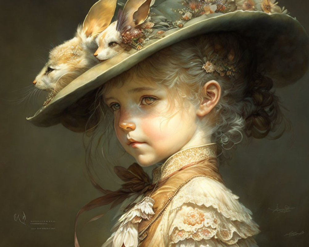 Whimsical young girl in large fox-adorned hat on muted background