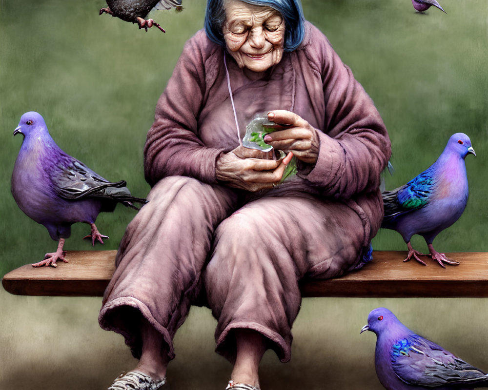 Elderly woman in purple outfit with small bird on bench surrounded by pigeons