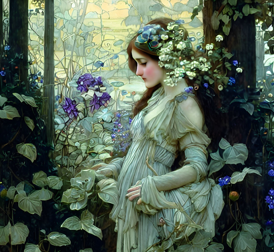 Woman with Floral Adornments in Flowing Dress Among Greenery