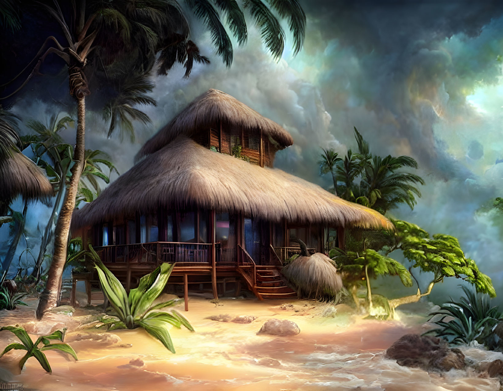 Thatched hut on tropical beach with palm trees and cloudy sky