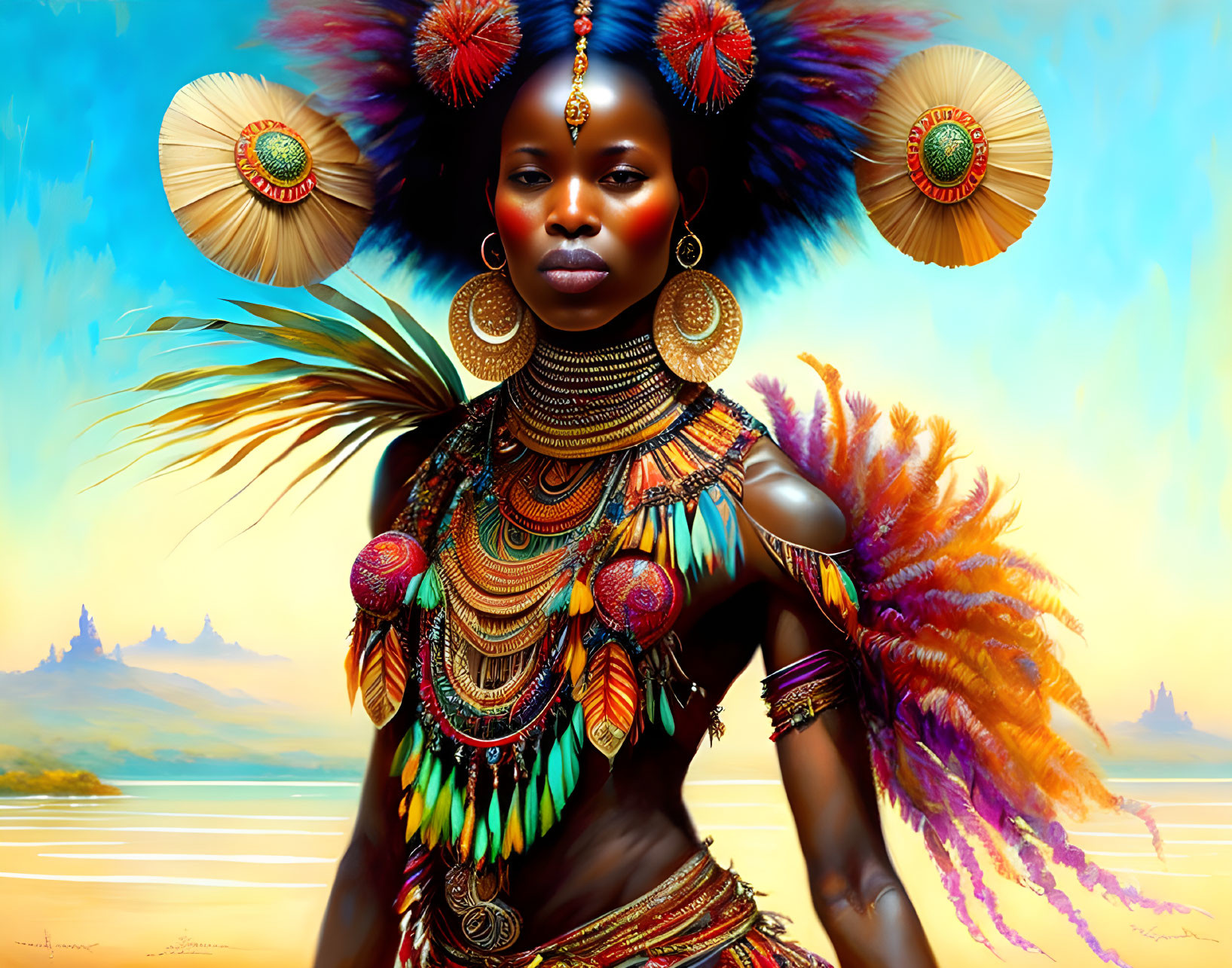 Colorful Traditional African Attire Woman Illustration in Vibrant Landscape