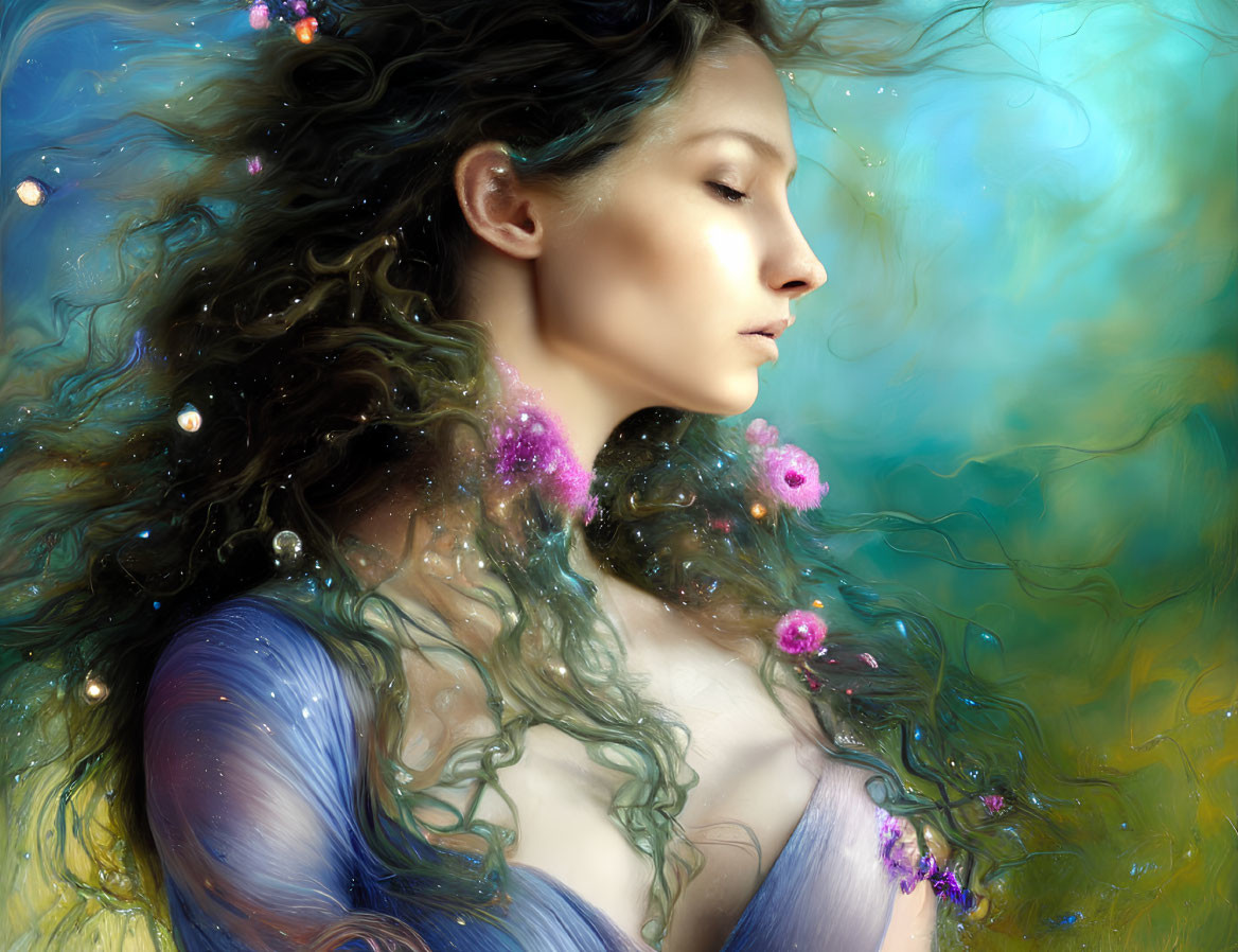 Surreal portrait of woman with flowing hair and sparkling lights on dreamy background