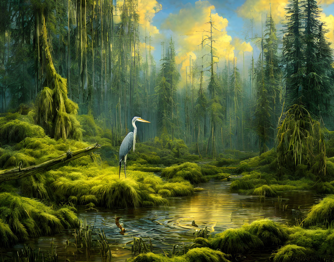 Tranquil forest wetland with heron, small bird, and moss-draped trees