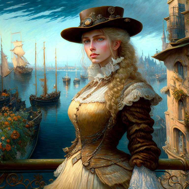 Steampunk-inspired woman in Victorian outfit on balcony with harbor backdrop