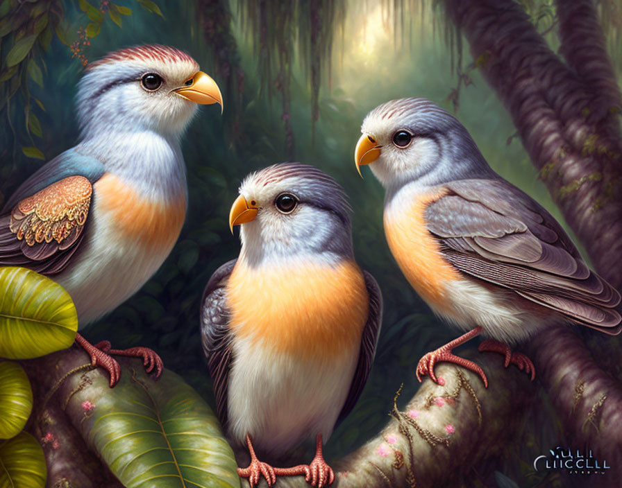 Three vibrant blue and orange fantasy birds perched in misty forest