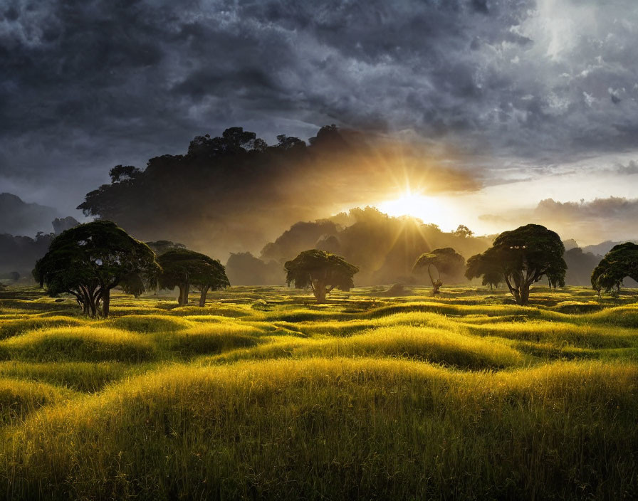 Scenic sunrise over grassland with tree silhouettes and dramatic cloudy sky