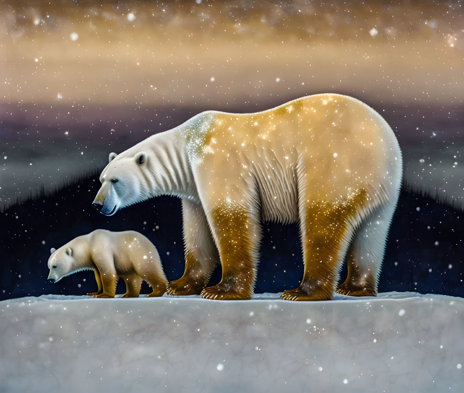 Polar bear and cub in icy landscape under starry sky