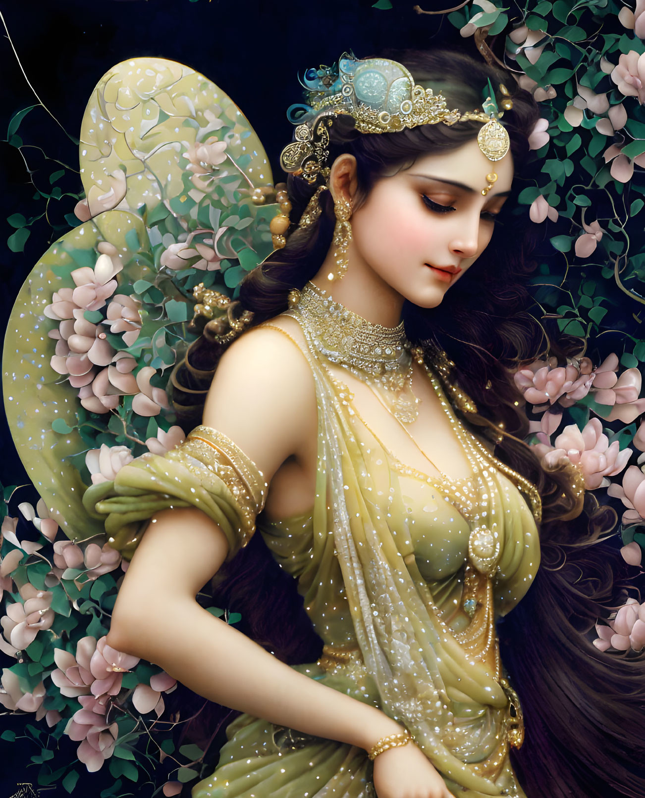 Female Figure with Fairy Wings and Green Garment Surrounded by Flowers