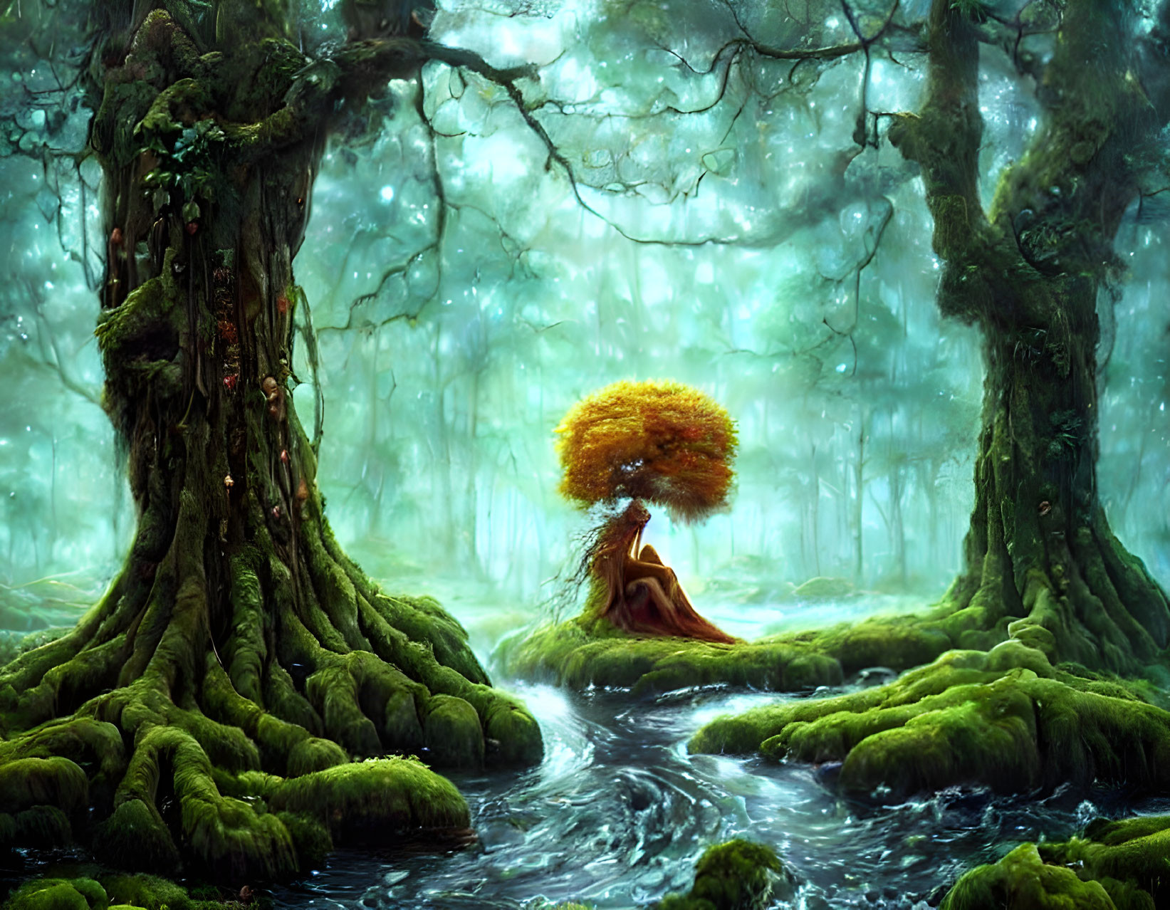 Mystical forest with moss, twisting trees, stream, and figure with orange leaves